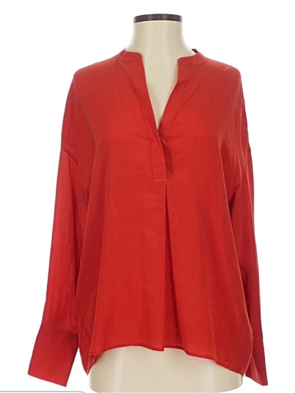 Vince Silk Rust Split V-Neck Long-Sleeve Blouse